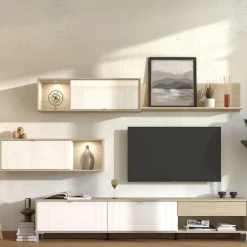 Parete Attrezzata Bianco Opaco Marrone Rovere 7 Ripiani un Cassetto 234x40x176h cm, Modulabile - Elice