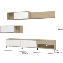 Parete Attrezzata Bianco Opaco Marrone Rovere 7 Ripiani un Cassetto 234x40x176h cm, Modulabile - Elice
