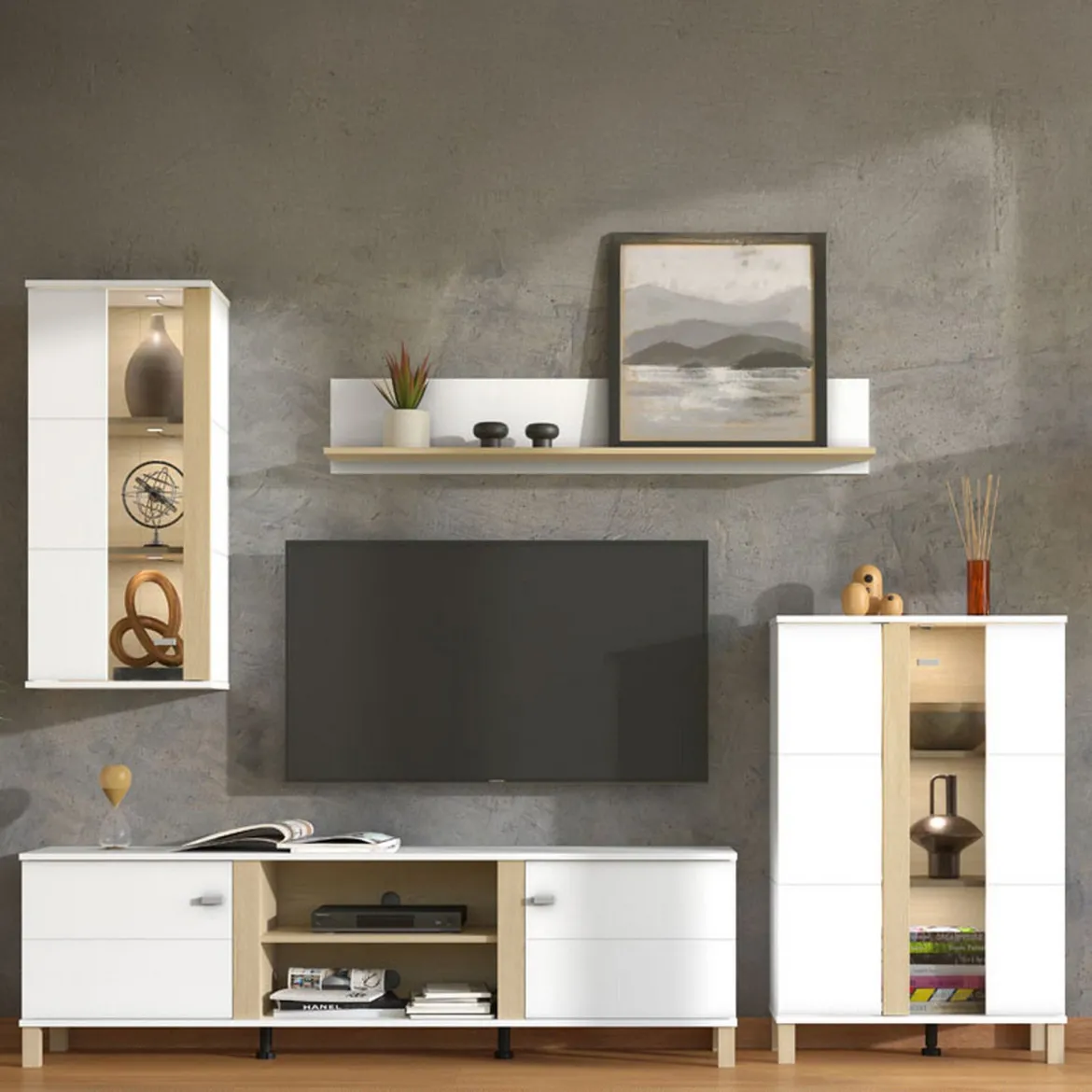 Parete Attrezzata Bianco Opaco Marrone Rovere Nodi Modulabile 8 Ripiani 299x40x192.5h cm, 10 Vani - Cimbergo