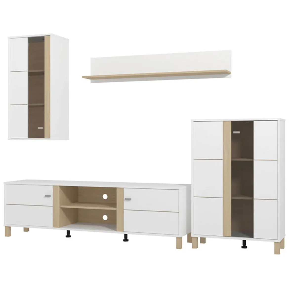 Parete Attrezzata Bianco Opaco Marrone Rovere Nodi Modulabile 8 Ripiani 299x40x192.5h cm, 10 Vani - Cimbergo