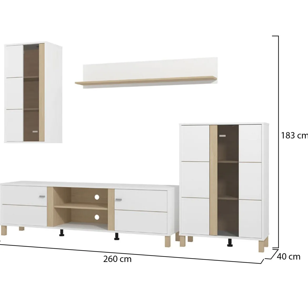 Parete Attrezzata Bianco Opaco Marrone Rovere Nodi Modulabile 8 Ripiani 299x40x192.5h cm, 10 Vani - Cimbergo