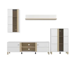 Parete Attrezzata Bianco Opaco Marrone Rovere Nodi Modulabile 8 Ripiani 299x40x192.5h cm, 10 Vani - Cimbergo