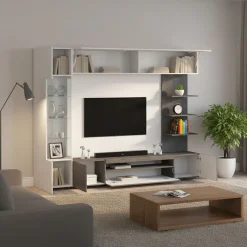 Parete Attrezzata Grigio Ardesia Bianco Lucido 8 Ripiani 5 Ante 245x40x191.2h cm, Apertura Battente - Galatina
