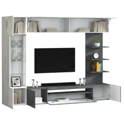 Parete Attrezzata Grigio Ardesia Bianco Lucido 8 Ripiani 5 Ante 245x40x191.2h cm, Apertura Battente - Galatina