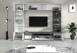Parete Attrezzata Grigio Ardesia Bianco Lucido 8 Ripiani 5 Ante 245x40x191.2h cm, Apertura Battente - Galatina