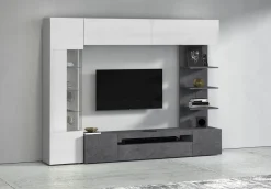 Parete Attrezzata Grigio Ardesia Bianco Lucido 8 Ripiani 5 Ante 245x40x191.2h cm, Apertura Battente - Galatina