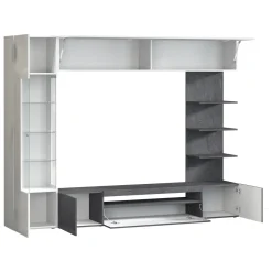 Parete Attrezzata Grigio Ardesia Bianco Lucido 8 Ripiani 5 Ante 245x40x191.2h cm, Apertura Battente - Galatina