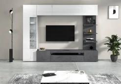 Parete Attrezzata Grigio Ardesia Bianco Lucido 8 Ripiani 5 Ante 245x40x191.2h cm, Apertura Battente - Galatina
