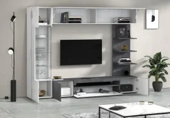Parete Attrezzata Grigio Ardesia Bianco Lucido 8 Ripiani 5 Ante 245x40x191.2h cm, Apertura Battente - Galatina