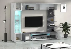 Parete Attrezzata Grigio Ardesia Bianco Lucido 8 Ripiani 5 Ante 245x40x191.2h cm, Apertura Battente - Galatina