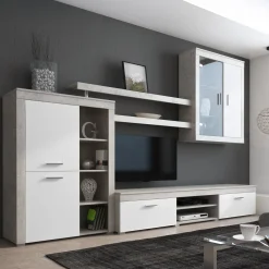 Parete Attrezzata Grigio Cemento Bianco 7 Ripiani Cassetti 216x30.4x158.6h cm, - Sadali