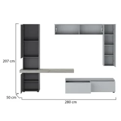 Parete Attrezzata Grigio Nero Antracite Modulabile 2 Cassetti, 9 Ripiani - Riccia