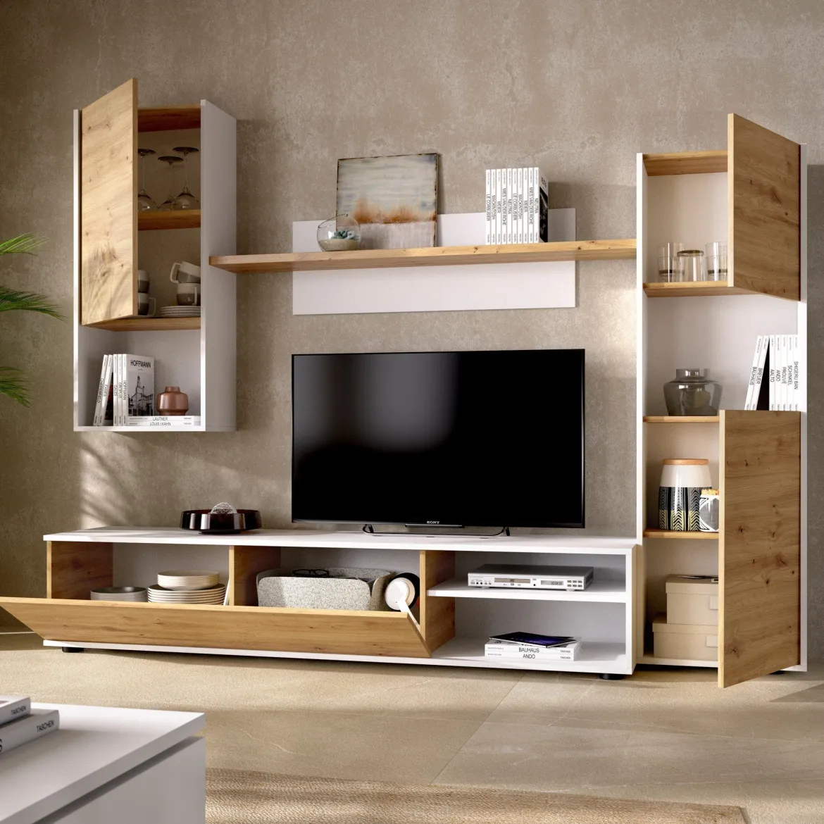 Parete attrezzata in legno 240cm bianca lucida e ardesia - Granato