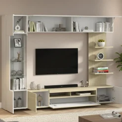Parete Attrezzata Marrone Acero Grigio Ardesia 8 Ripiani 5 Ante 245x40x191.2h cm, Apertura Battente - Galatina