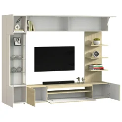 Parete Attrezzata Marrone Acero Grigio Ardesia 8 Ripiani 5 Ante 245x40x191.2h cm, Apertura Battente - Galatina