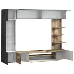 Parete Attrezzata Marrone Acero Grigio Ardesia 8 Ripiani 5 Ante 245x40x191.2h cm, Apertura Battente - Galatina
