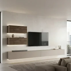 Parete Attrezzata Marrone Noce Beige 5 Ripiani 2 Cassetti, Modulabile - Sovizzo