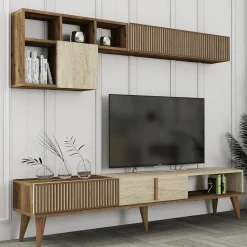 Parete Attrezzata Marrone Noce Beige Modulabile 2 Cassetti, 5 Ripiani - Portula