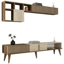 Parete Attrezzata Marrone Noce Beige Modulabile 2 Cassetti, 5 Ripiani - Portula