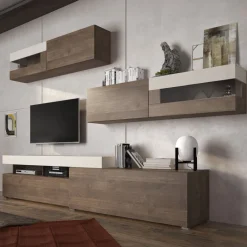 Parete Attrezzata Marrone Noce Beige Modulabile 6 Ante, Apertura Battente, a Ribalta - Giacosa