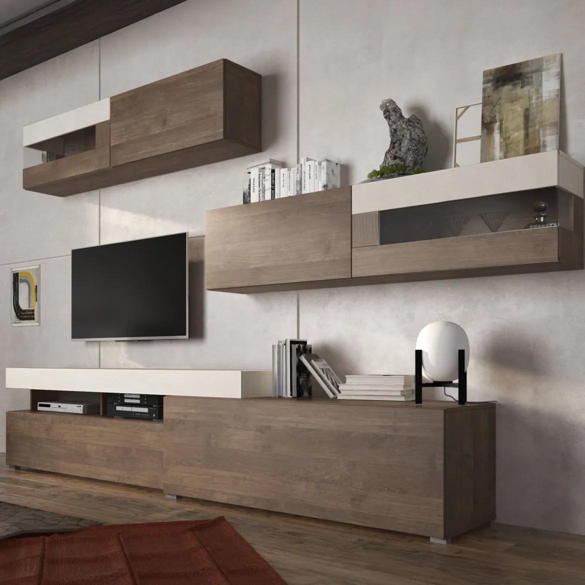 Parete Attrezzata Marrone Noce Bianco 4 Ripiani Modulabile, Apertura Battente, a Ribalta - Cannara