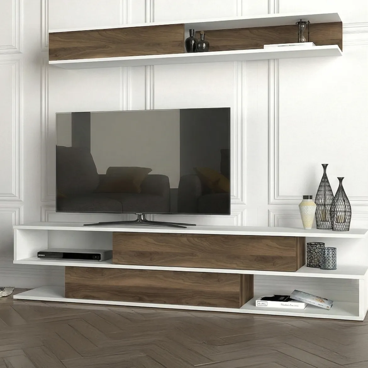 Parete Attrezzata Marrone Noce Bianco Modulabile 6 Ripiani, 3 Ante - Gais