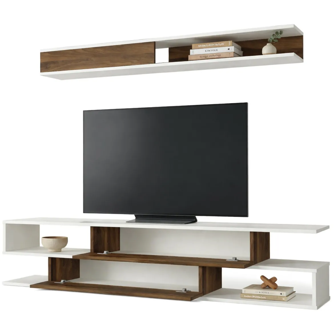 Parete Attrezzata Marrone Noce Bianco Modulabile 6 Ripiani, 3 Ante - Gais