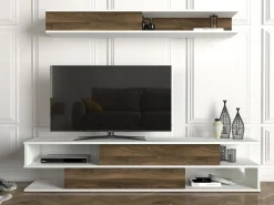 Parete Attrezzata Marrone Noce Bianco Modulabile 6 Ripiani, 3 Ante - Gais