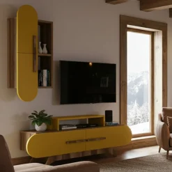 Parete Attrezzata Marrone Noce Giallo 6 Ripiani Modulabile, Apertura Battente, a Ribalta - Ossimo