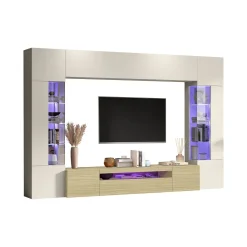 Parete Attrezzata Marrone Rovere Beige Cashmere 14 Ripiani 6 Ante 290x40x190h cm, Apertura Battente - Solopaca