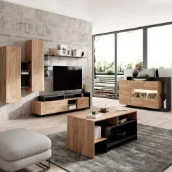 Parete Attrezzata Marrone Rovere Nero Modulabile 8 Ripiani 263x40x167h cm, 7 Vani - Caropepe