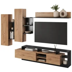 Parete Attrezzata Marrone Rovere Nero Modulabile 8 Ripiani 263x40x167h cm, 7 Vani - Caropepe