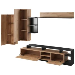 Parete Attrezzata Marrone Rovere Nero Modulabile 8 Ripiani 263x40x167h cm, 7 Vani - Caropepe