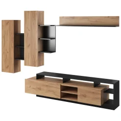 Parete Attrezzata Marrone Rovere Nero Modulabile 8 Ripiani 263x40x167h cm, 7 Vani - Caropepe