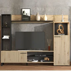 Parete Attrezzata Marrone Rovere Nodi Nero 8 Ripiani 9 Vani 207.5x33x157.5h cm, 2 Ante - Rovato