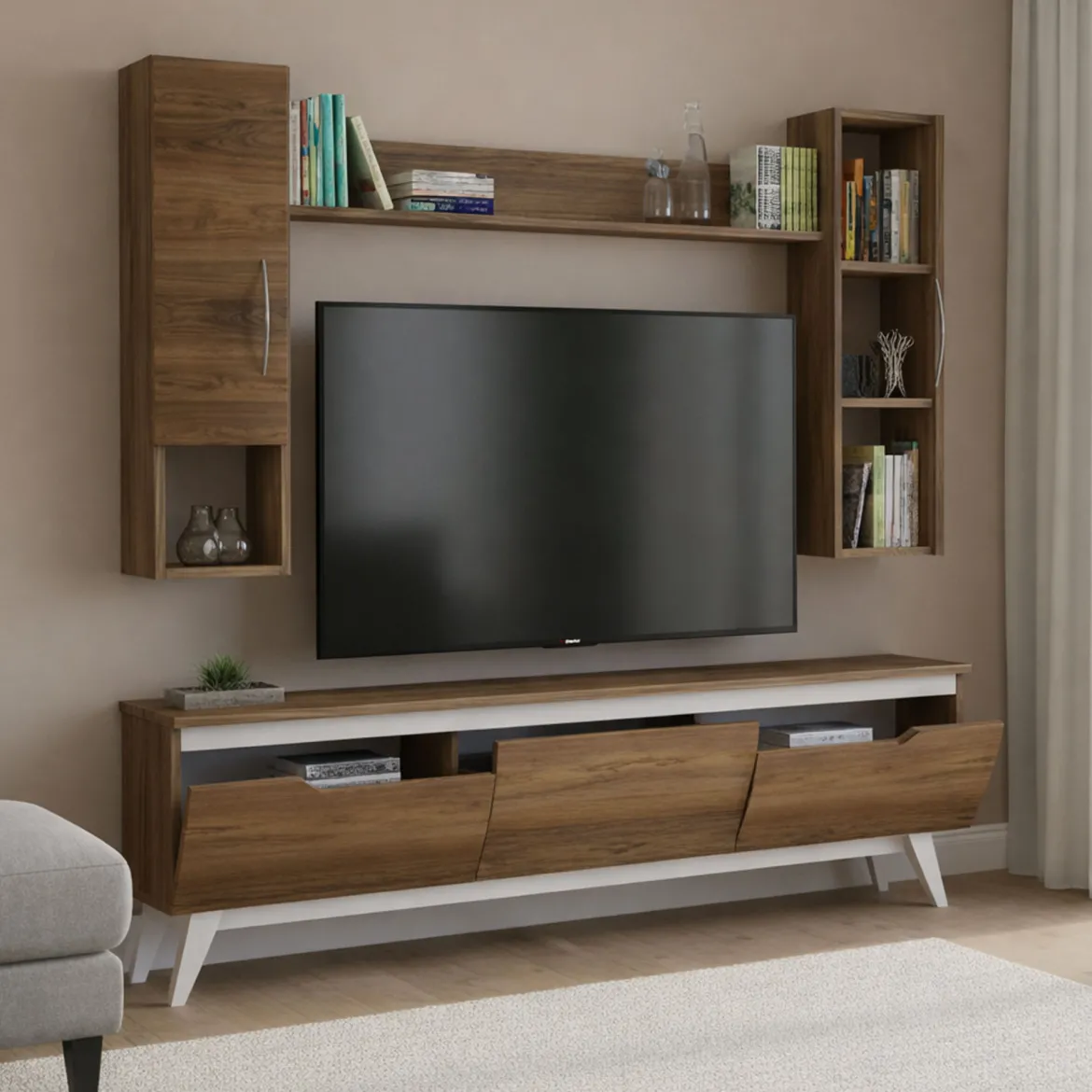 Parete attrezzata moderna 180cm noce e crema - Gordon