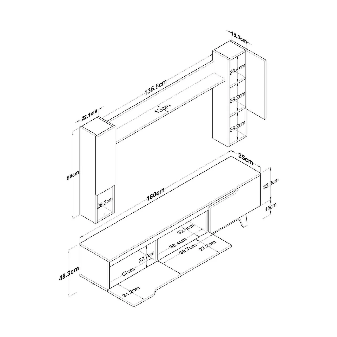 Parete attrezzata moderna 180cm noce e crema - Gordon