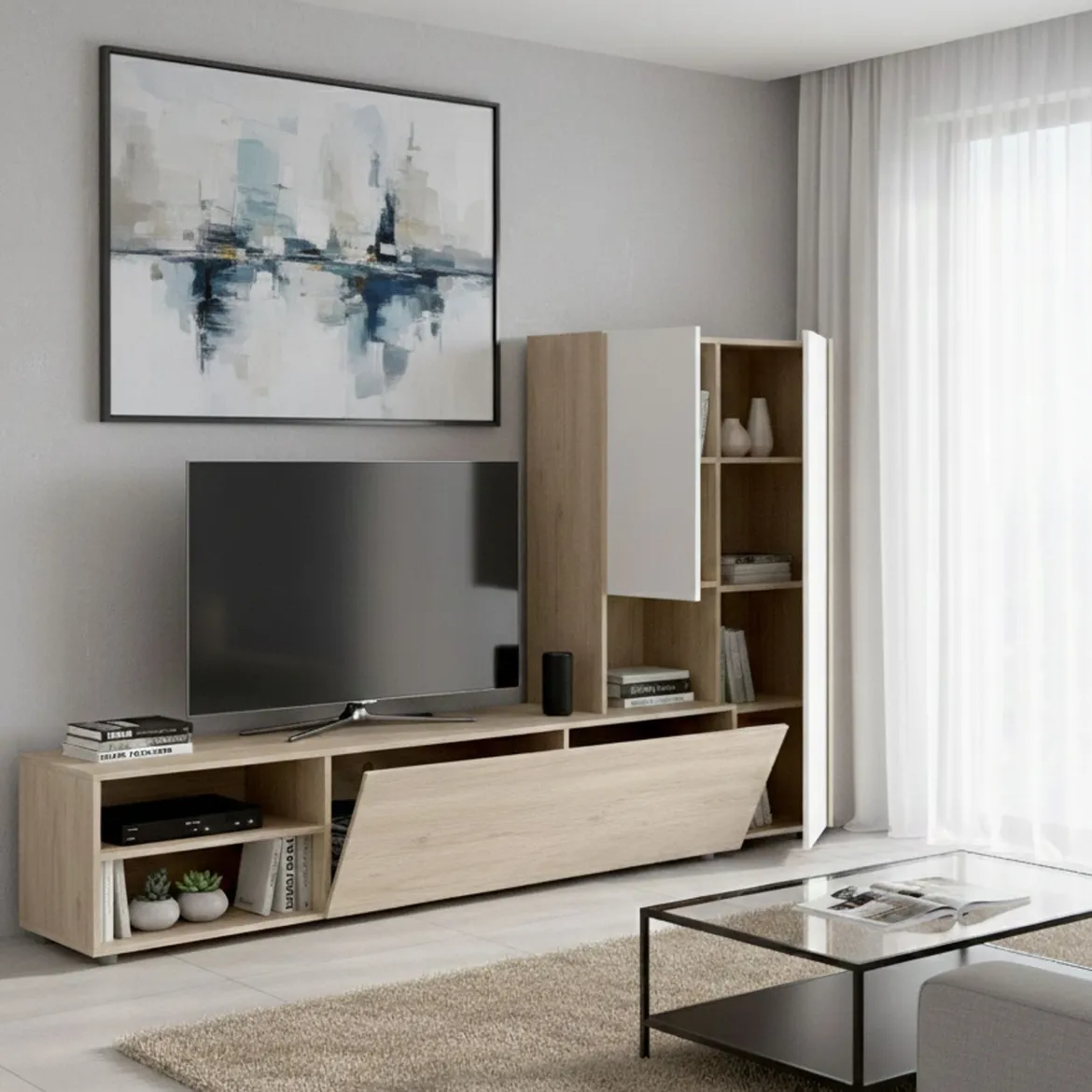 Parete attrezzata multifunzione 227cm bianca e rovere - Abrino