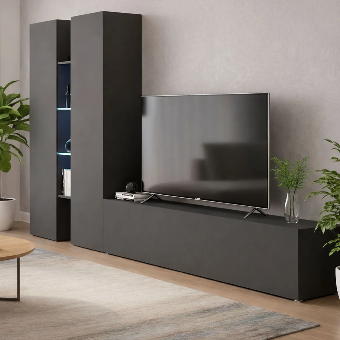 Parete Attrezzata Nero Antracite 14 Ripiani Modulabile 310x30x180h cm, 19 Vani - Intelvi