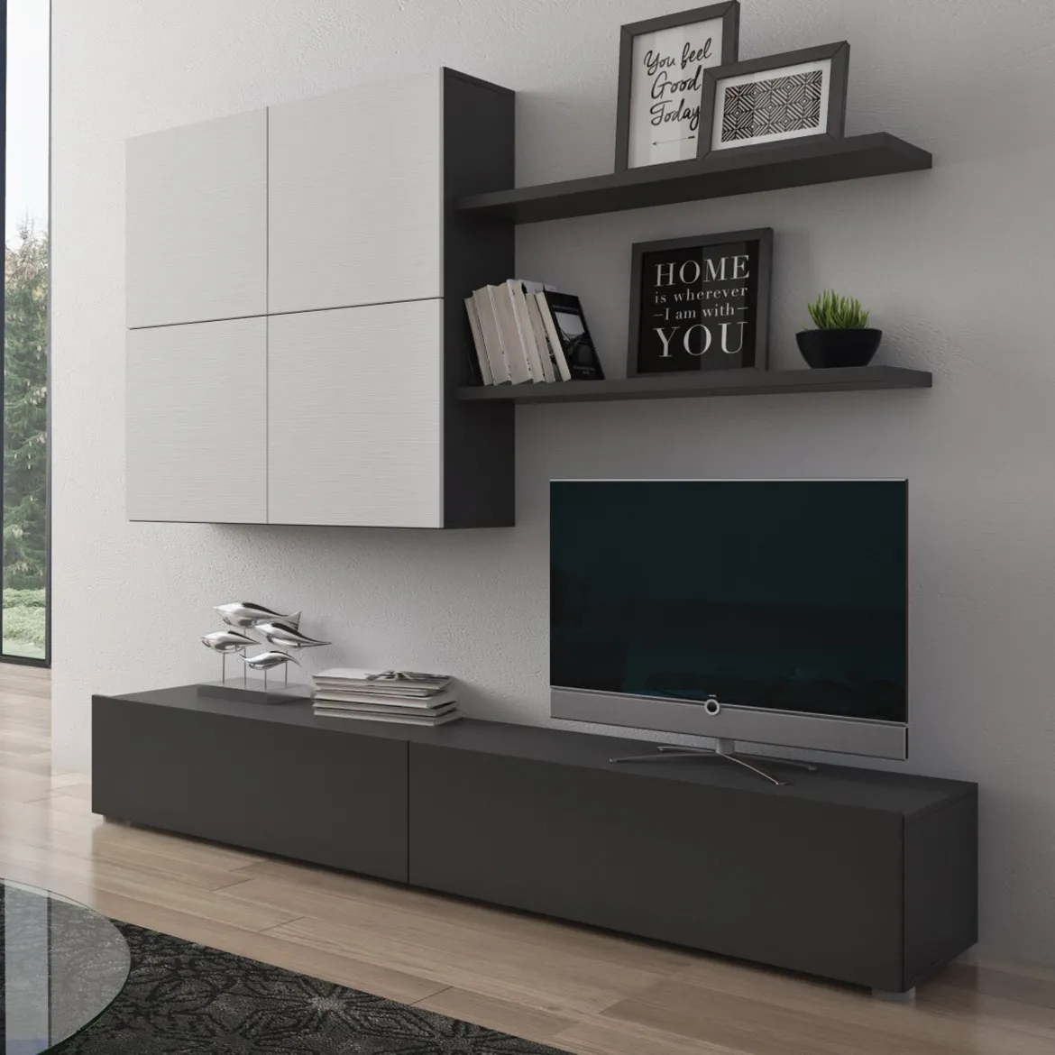 Parete Attrezzata Nero Antracite Bianco Modulabile 6 Ante, set Componibile - Isola