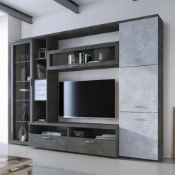 Parete Attrezzata Nero Antracite Grigio Cemento 5 Ripiani 2 Cassetti, Modulabile - Sovizzo