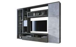 Parete Attrezzata Nero Antracite Grigio Cemento 5 Ripiani 2 Cassetti, Modulabile - Sovizzo