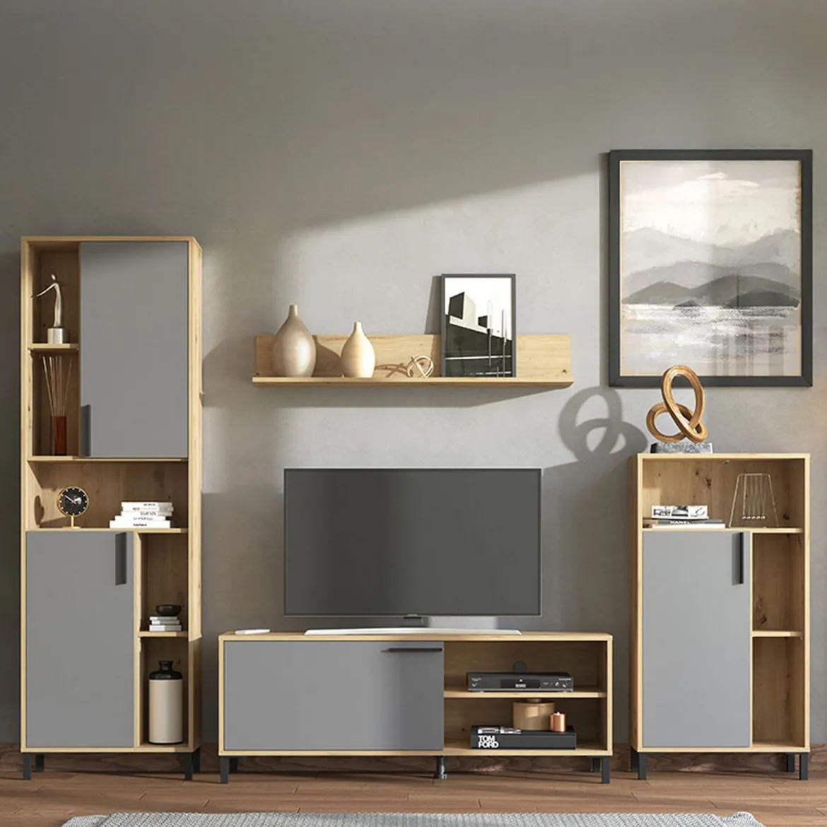 Parete Attrezzata Nero Antracite Marrone Rovere Nodi Modulabile 12 Ripiani 279x38x192.5h cm, 17 Vani - Civitate