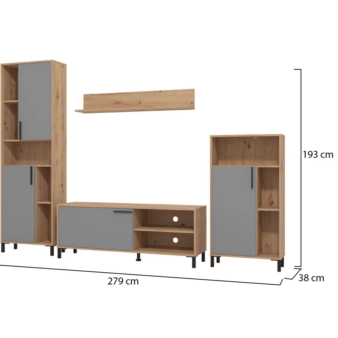 Parete Attrezzata Nero Antracite Marrone Rovere Nodi Modulabile 12 Ripiani 279x38x192.5h cm, 17 Vani - Civitate