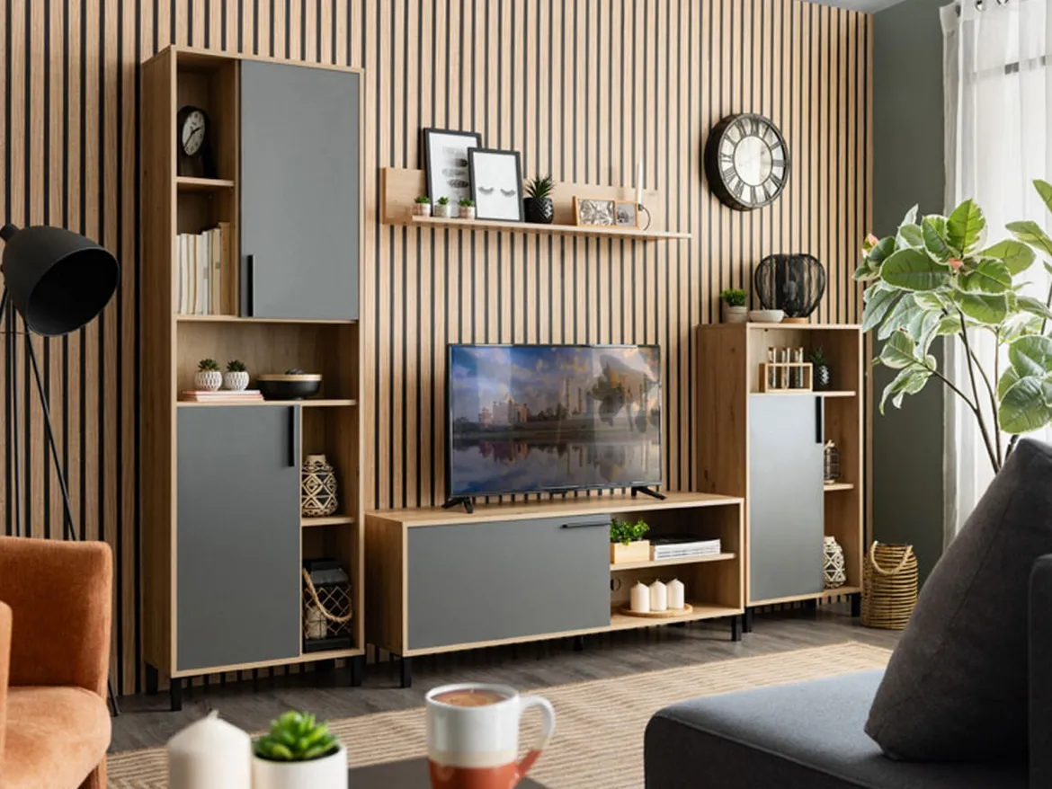 Parete Attrezzata Nero Antracite Marrone Rovere Nodi Modulabile 12 Ripiani 279x38x192.5h cm, 17 Vani - Civitate