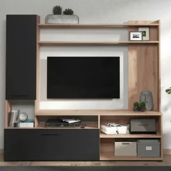 Parete Attrezzata Nero Marrone Rovere Nodi 8 Ripiani 2 Ante 168.5x35x157h cm, 10 Vani - Chieve