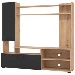Parete Attrezzata Nero Marrone Rovere Nodi 8 Ripiani 2 Ante 168.5x35x157h cm, 10 Vani - Chieve