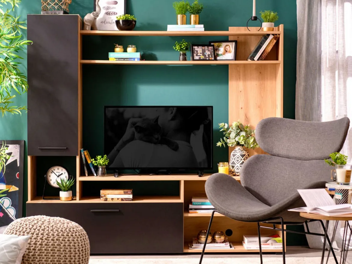 Parete Attrezzata Nero Marrone Rovere Nodi 8 Ripiani 2 Ante 168.5x35x157h cm, 10 Vani - Chieve