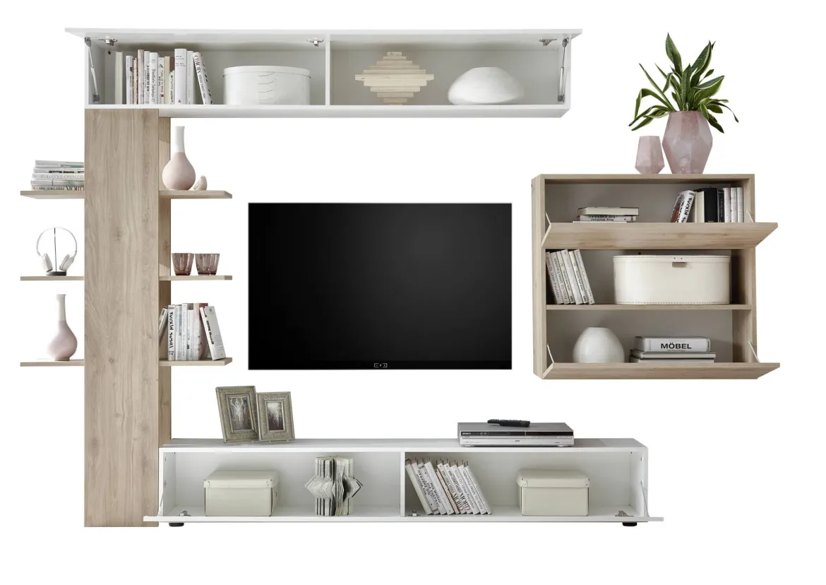 Parete attrezzata smart 295cm bianca lucida e rovere - Aragosta