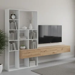 Parete salotto in legno 226cm bianca e legno - Bellusco